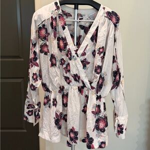 Free People White Wrap Tunic with Purple and Pink Floral Print